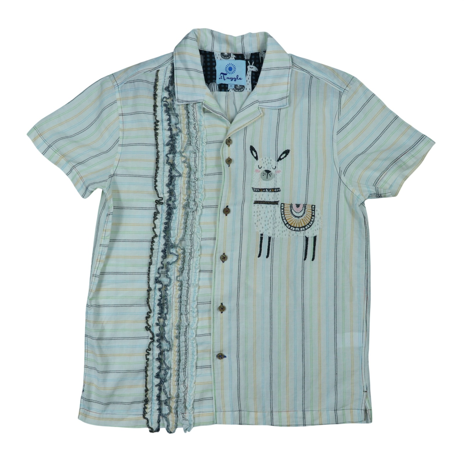 El Tuggle Dolly The Llama Pinstripe Ruffle Camp Button Up Shirt Mens Sz S